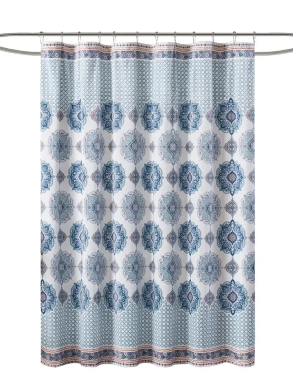 Mainstays Blue and White Medallion Shower Curtain with Coral Trim