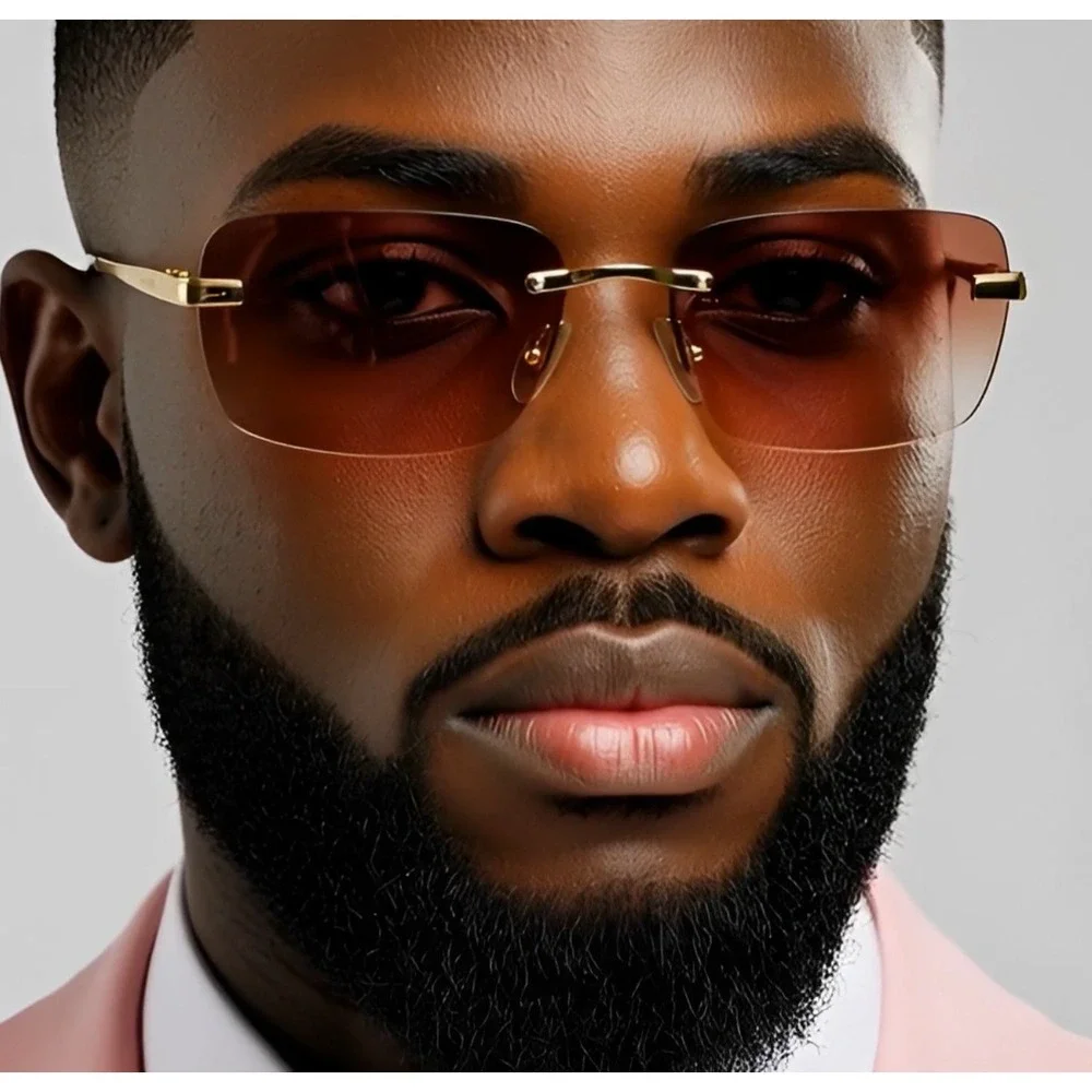 Rimless Sunglasses Gold Frame Pink Lens UV400 Protection Fashion Shades Lentes‎