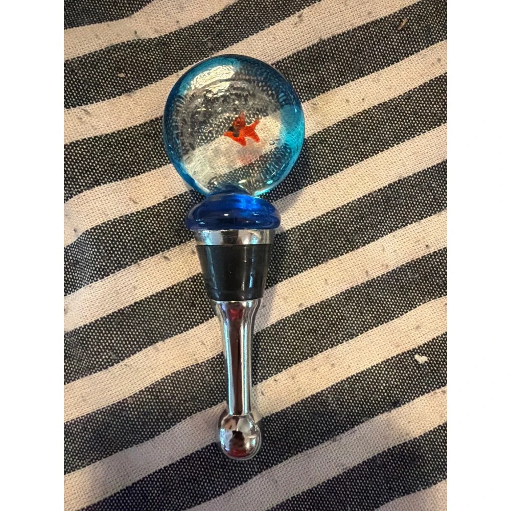 Art Glass Goldfish Wine Bottle Stopper Blue Bubble Nautical Barware Accessory