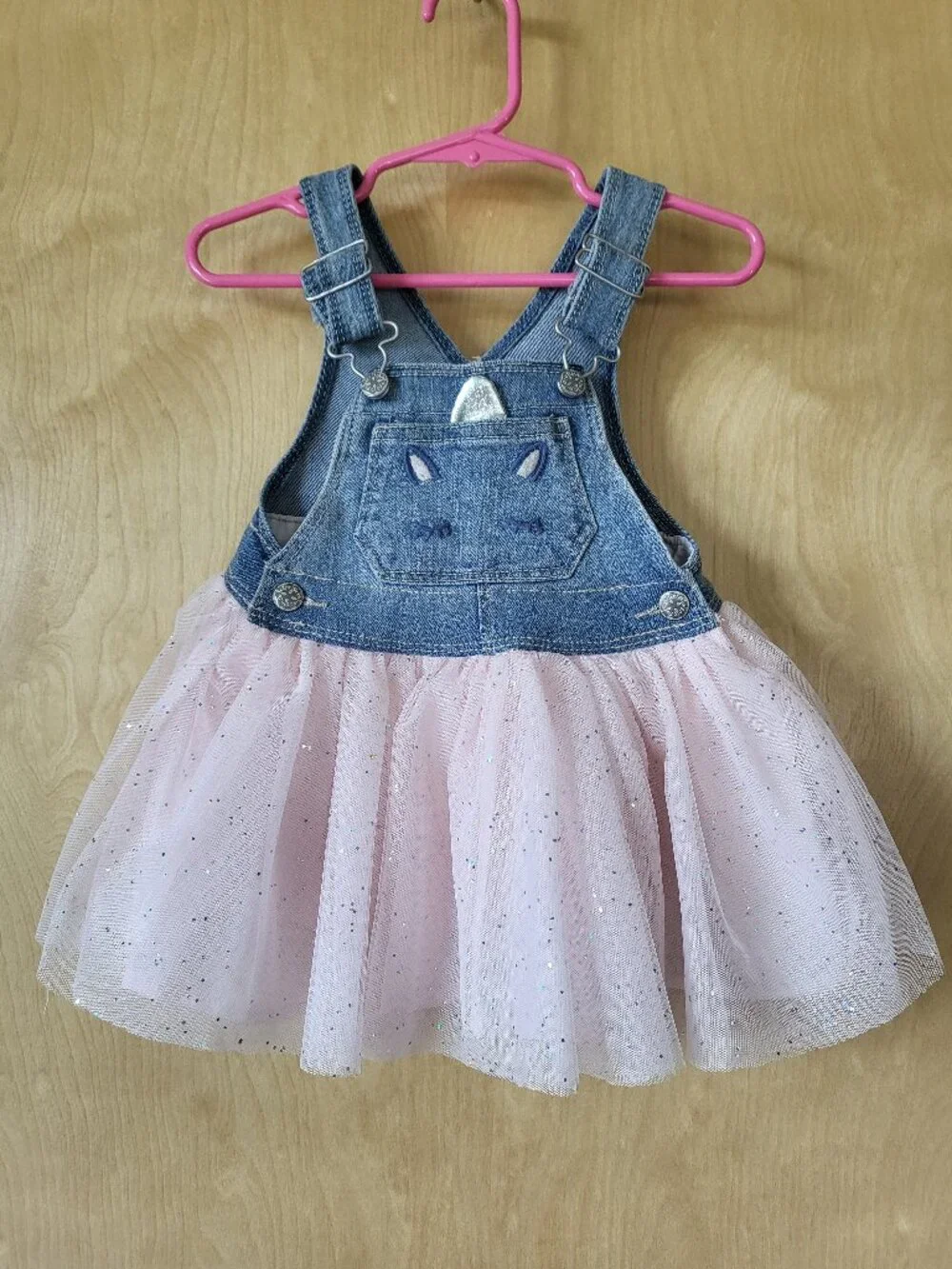 OshKosh Denim Overall Dress with Pink Tulle Sparkle Skirt Size 12M