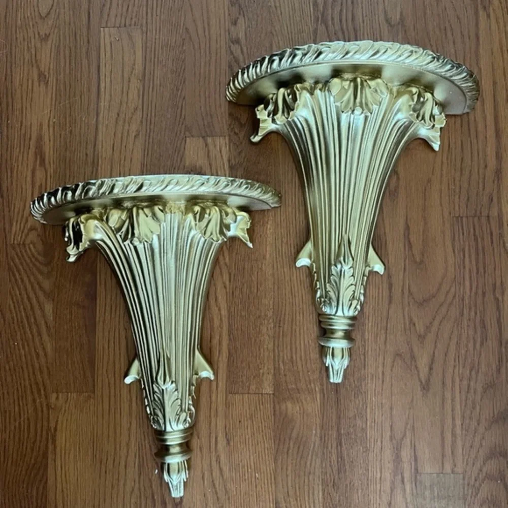 Vintage gold  flute shaped  sconces, display shelves shelf, sconces