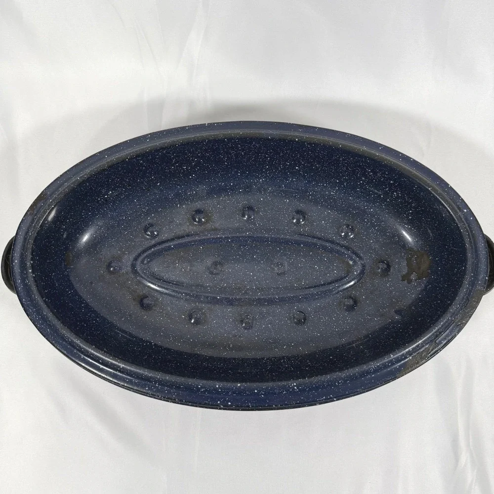 Vintage Enamelware Roaster Pan Large Blue White Speckled Oval Lidded Pot 15 Inch