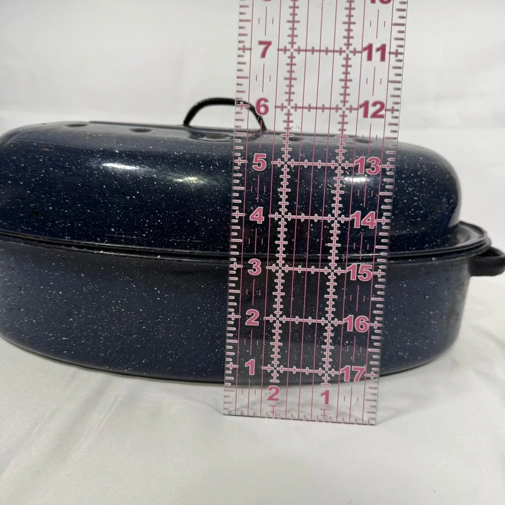 Vintage Enamelware Roaster Pan Large Blue White Speckled Oval Lidded Pot 15 Inch