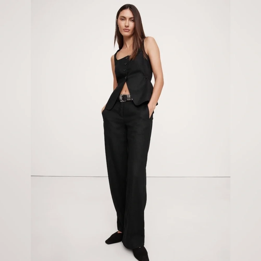 NWT Banana Republic The Everyday Wide Leg Linen Black Pant Size Large