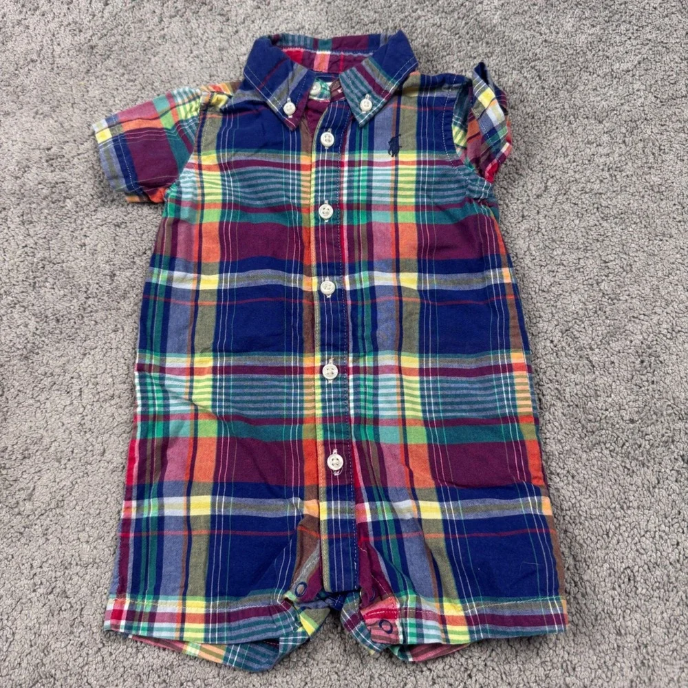 Ralph Lauren Baby Boy 3M Button Down Plaid Romper