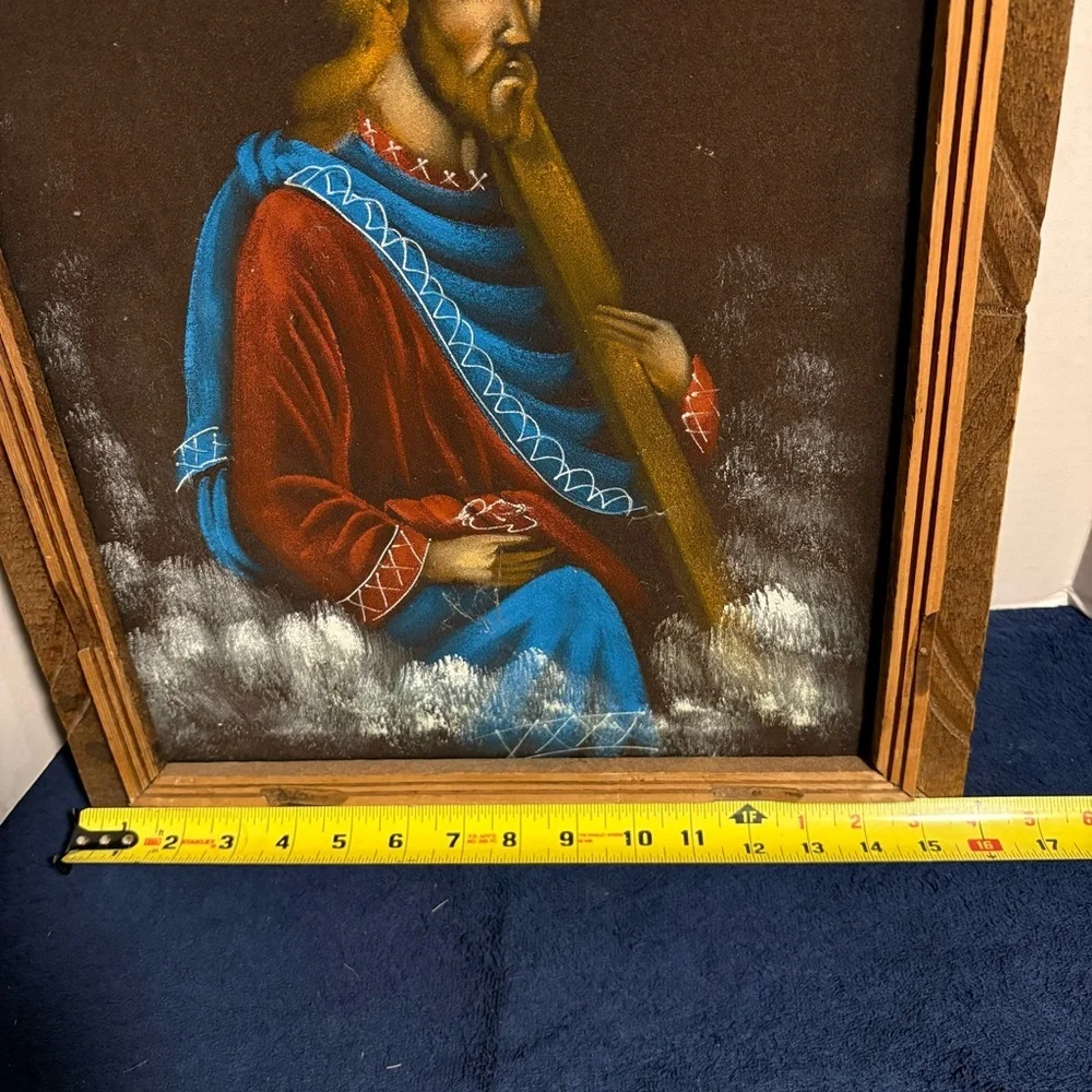1970s MCM 16X20 Velvet Jesus w/ Cross Painting Mexico Kitsch Art Folk Wall Decor