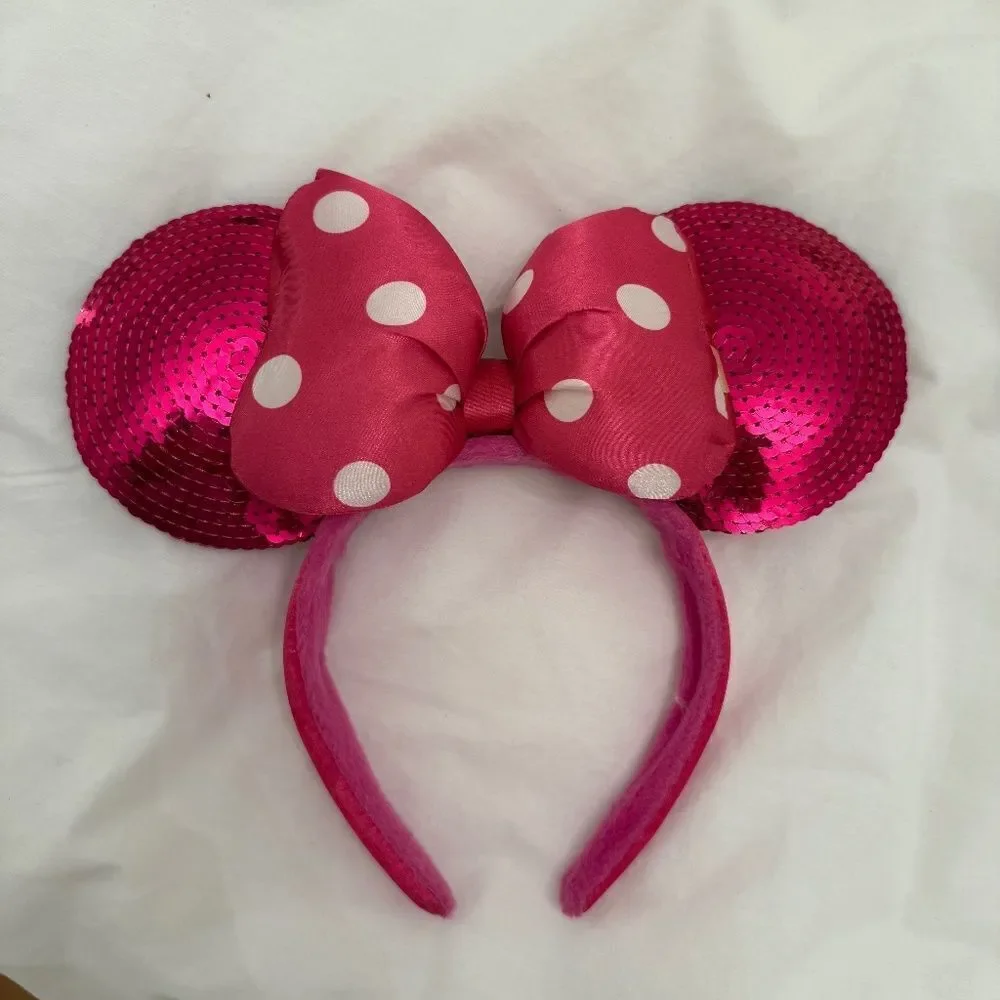 Disney Parks Minnie Mouse Ears Pink Sequin Headband Padded Polka dot Bow Bright