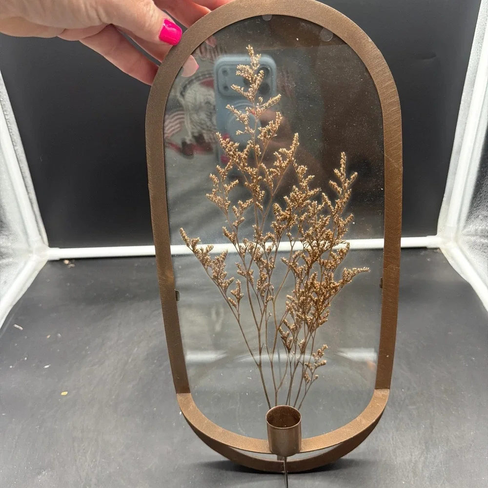Dried Flowers Glass Metal Arched Wall Sconce Taper Candle Holder Boho Farmhouse
