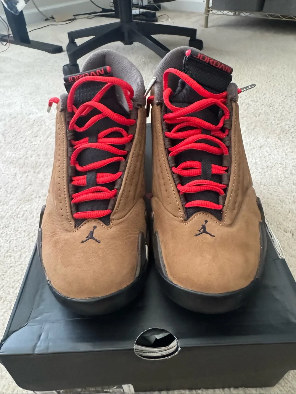 Jordan Men's Brown Suede Sneakers with Red Laces