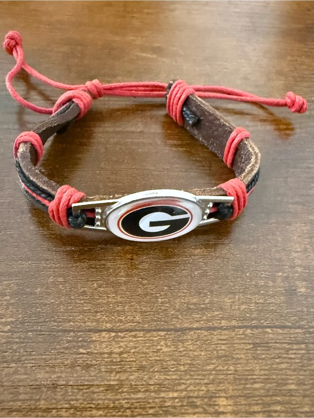 Georgia bulldogs Leather Cord Bracelet with Red Accent and Team Emblem