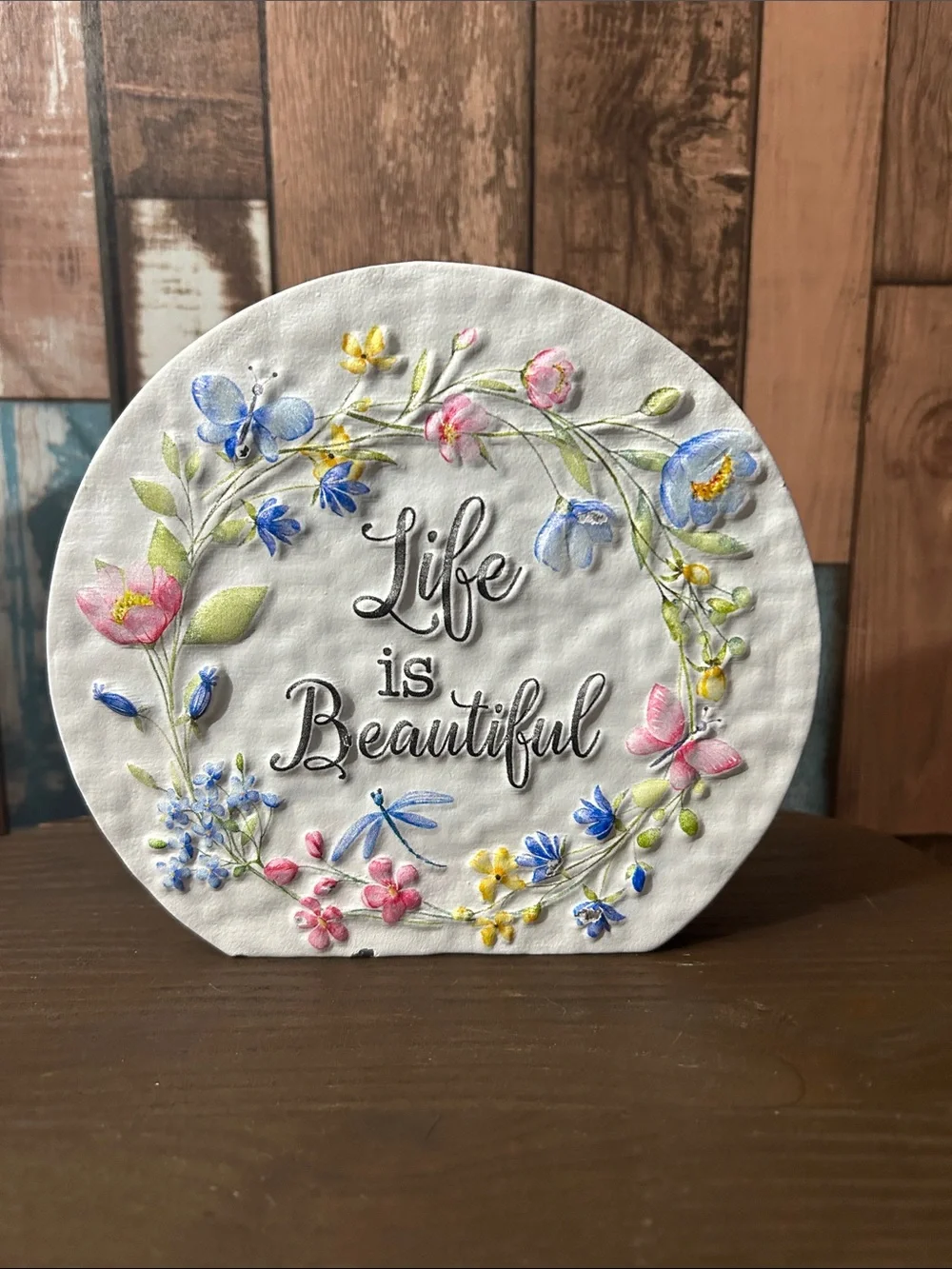 Life Is Beautiful Floral Round yard Plaque - Pastel Colors