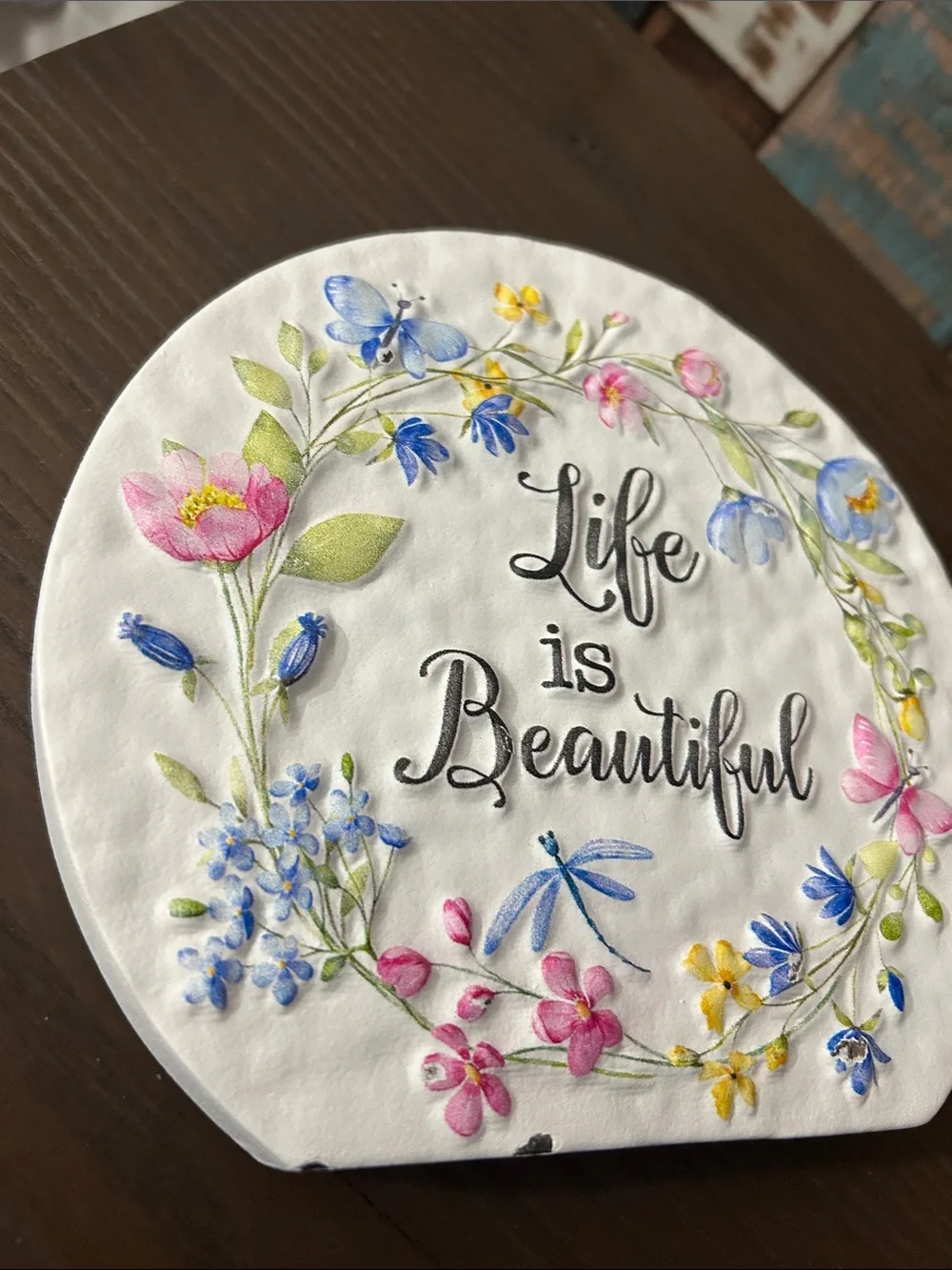 Life Is Beautiful Floral Round yard Plaque - Pastel Colors