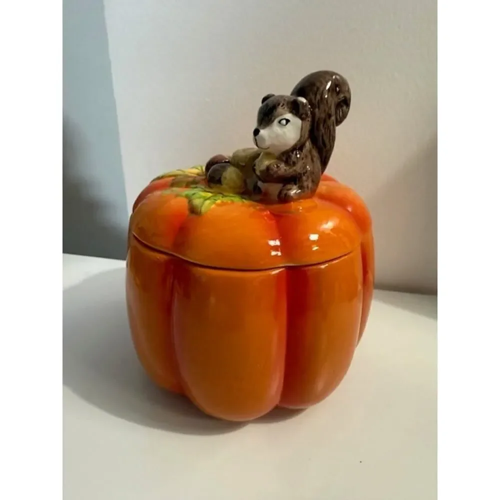 Pumpkin Cookie Jar Canister Squirrel Fall Harvest Autumn Holiday Ceramic