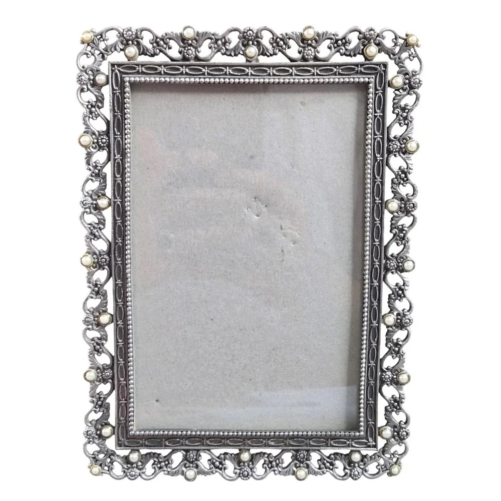 Vintage Ornate Filigree Faux Pearl Picture Frame Silver Tone 4x6 Tabletop Decor