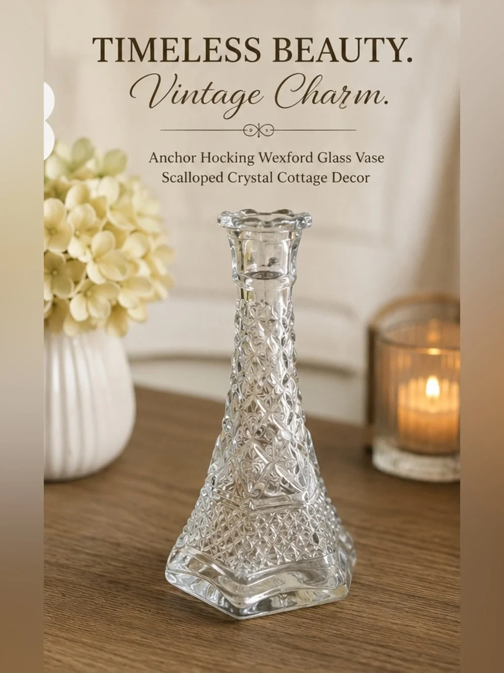 Vintage Anchor Hocking Wexford Glass Vase Scalloped Crystal Cottage Decor