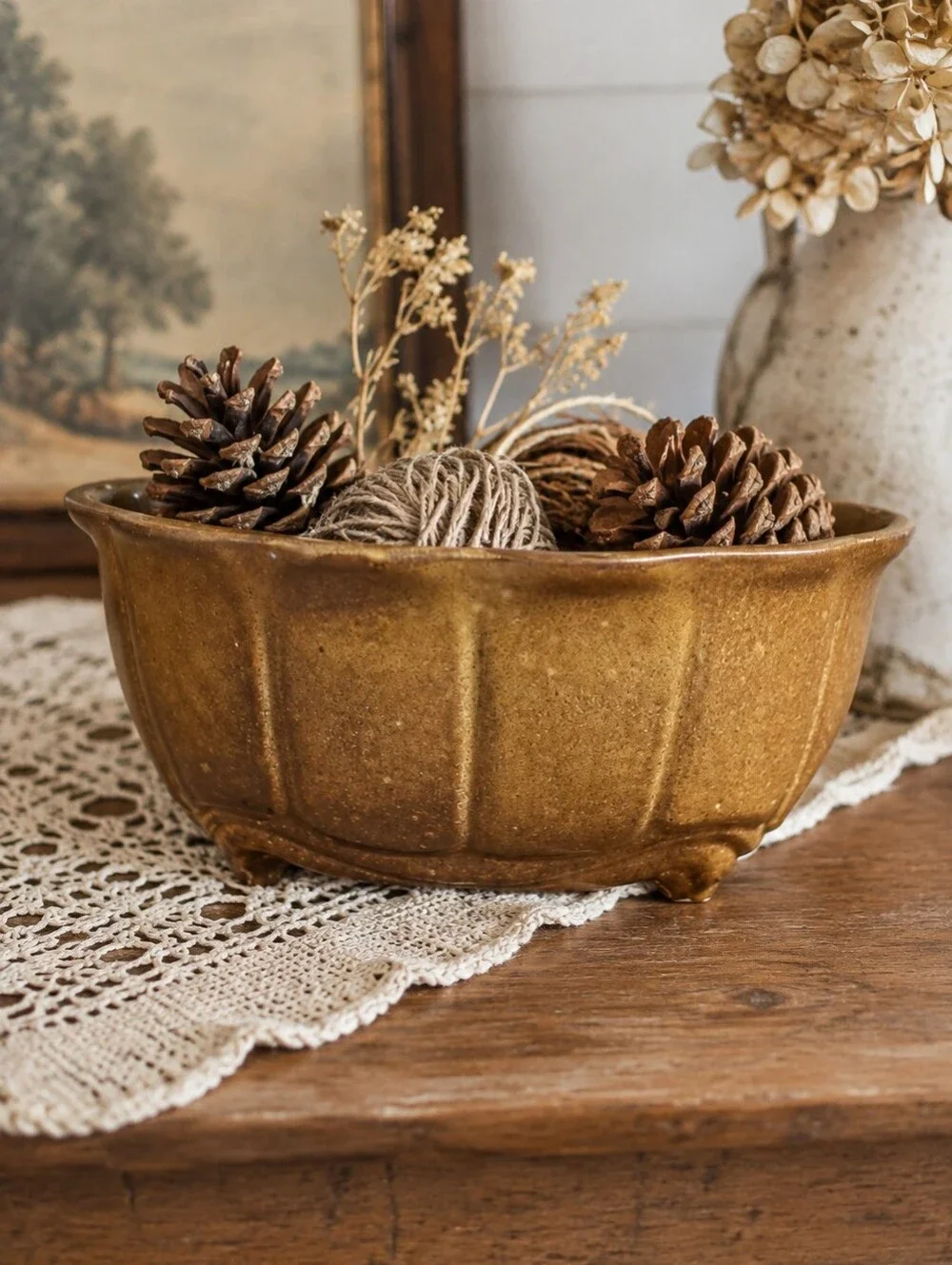 Vintage Brown Ceramic Bowl Vase Home Decor Neutral oval Stoneware