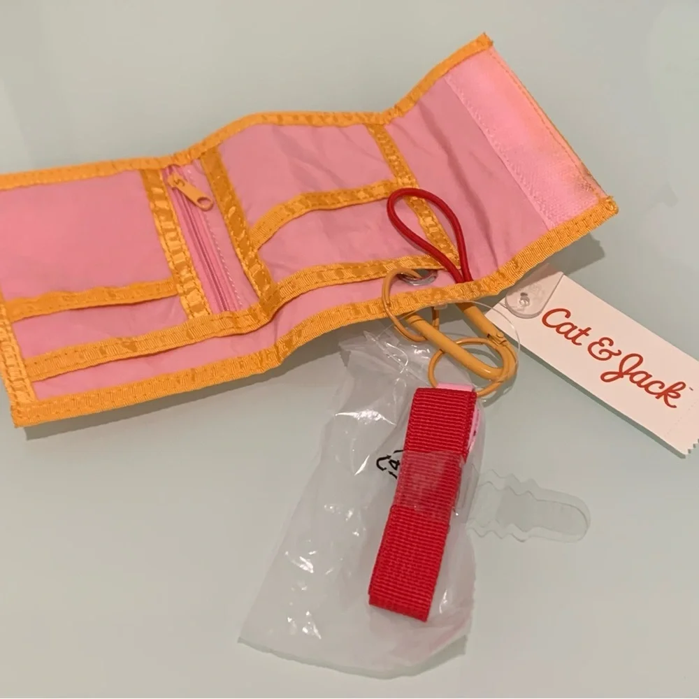 Cat & Jack Girls‎ Lanyard Wallet Pink Fuzzy Soft With Orange Trim Red Lanyard