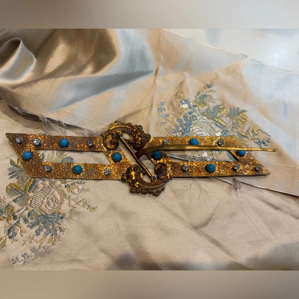 Antique Victorian Belt Buckle with Intricate Crystal Design