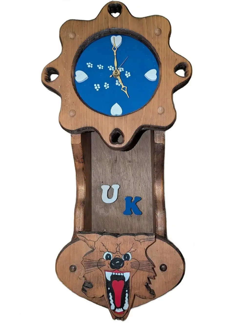Vintage Handmade Wooden UK Clock with WildCat and clock may need repair