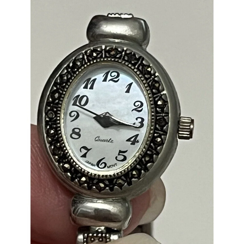 Vintage Stainless Steel Quartz Stud Watch Black Gunmetal‎ mother of Pearl