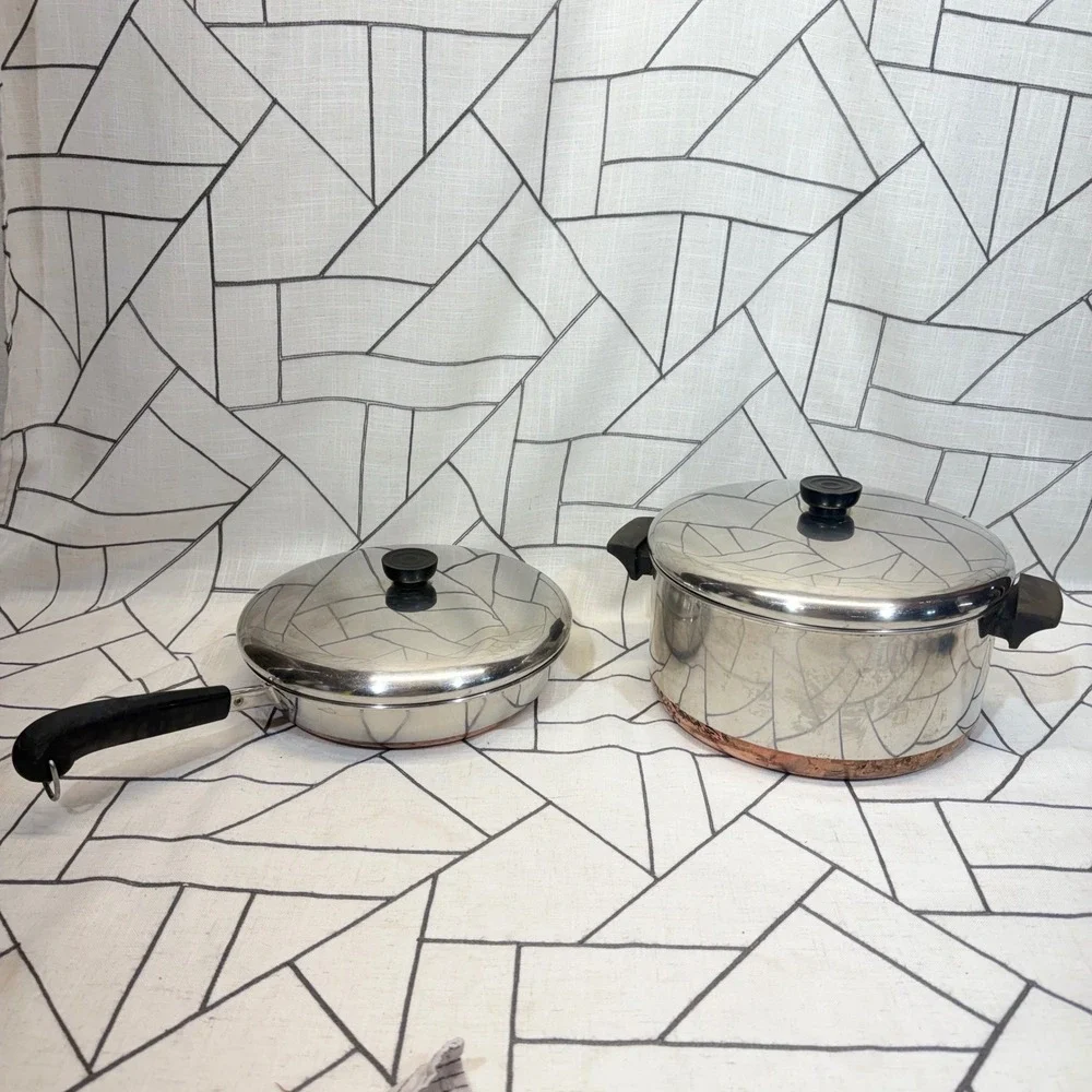 Revere Ware Copper‎ Bottom Cookware 6 Qt Pot 10 in Skillet Silver Vintage Set