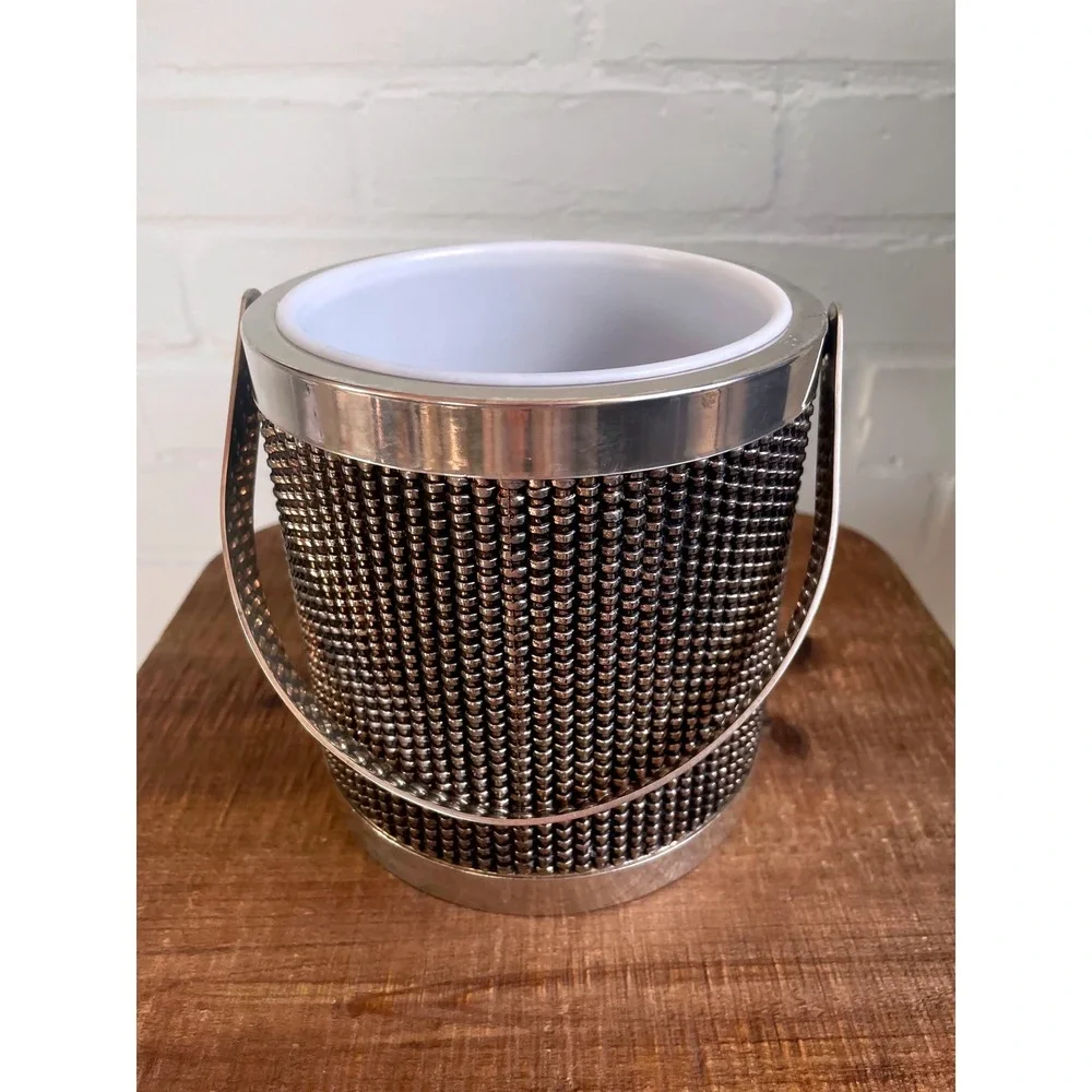 Vintage Silver Tone Beaded Ice Bucket White Insert Handle Barware Cocktail Party
