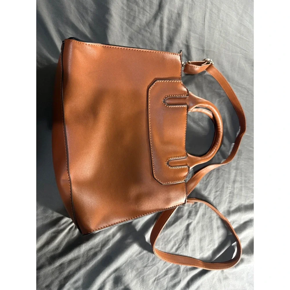 London Fog Cognac Brown Faux Leather Satchel Crossbody Handbag
