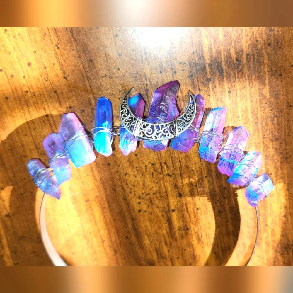 Ombre Violet & Blue Metal Double Terminated Quartz Moon Fairy Headband