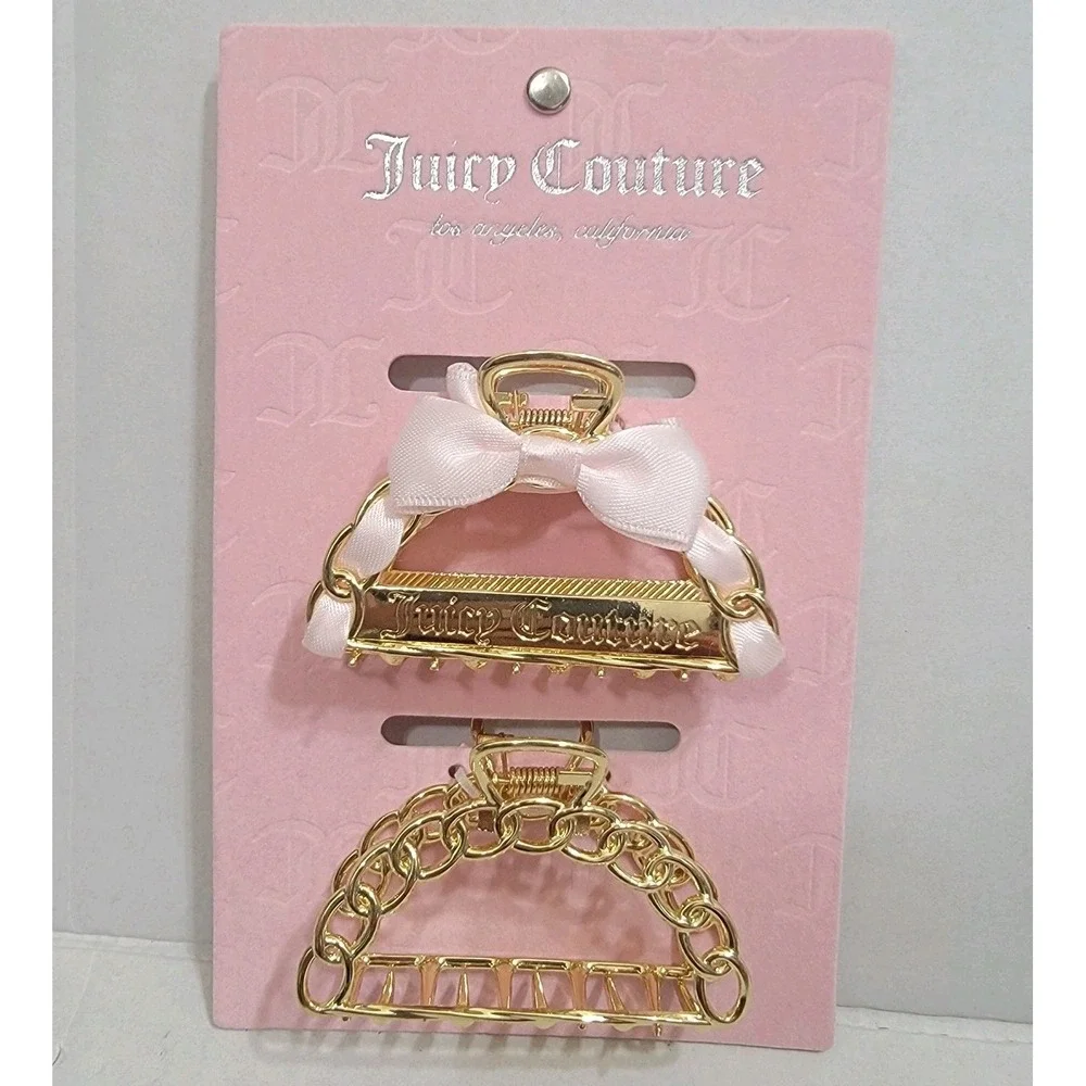 NEW JUICY COUTURE HAIR CLIPS Ribbon‎ Bow Gold Pink 2 Set Metal Claw