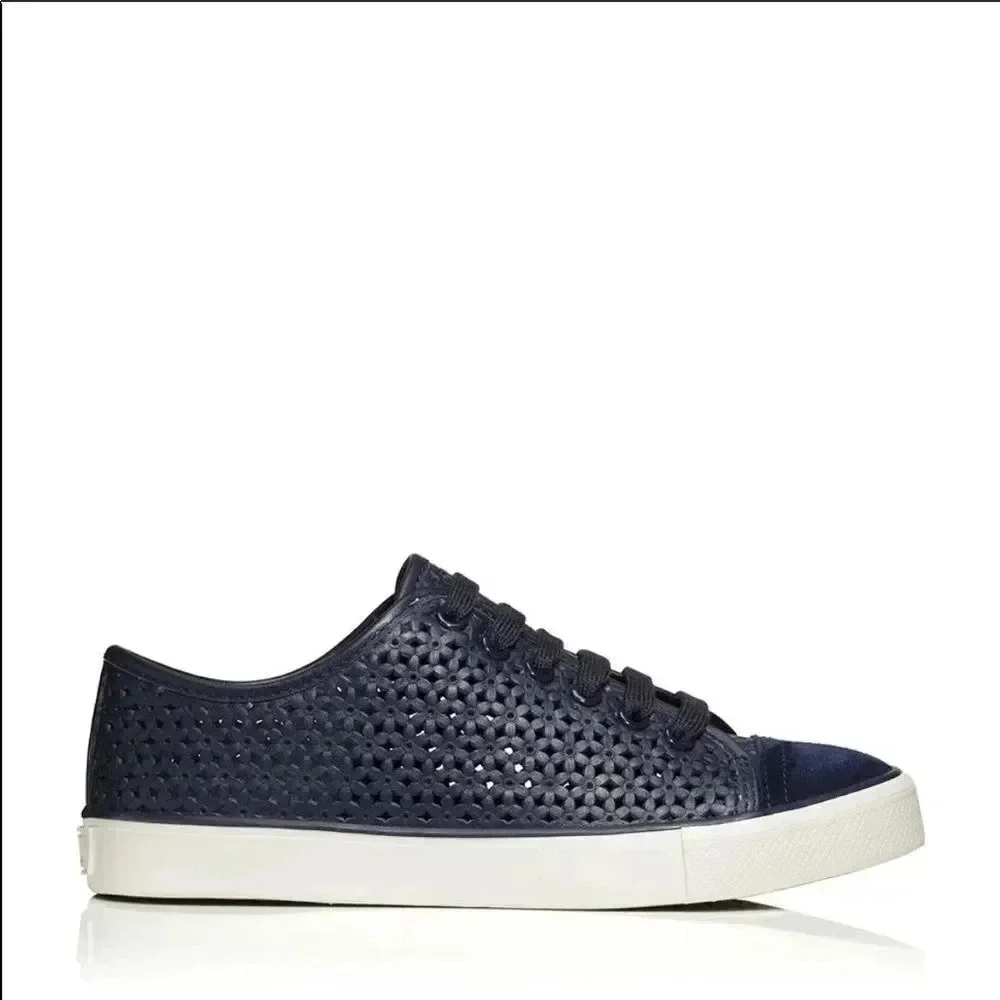 Tory Burch Navy Floral Perforated Leather/Suede Sneakers