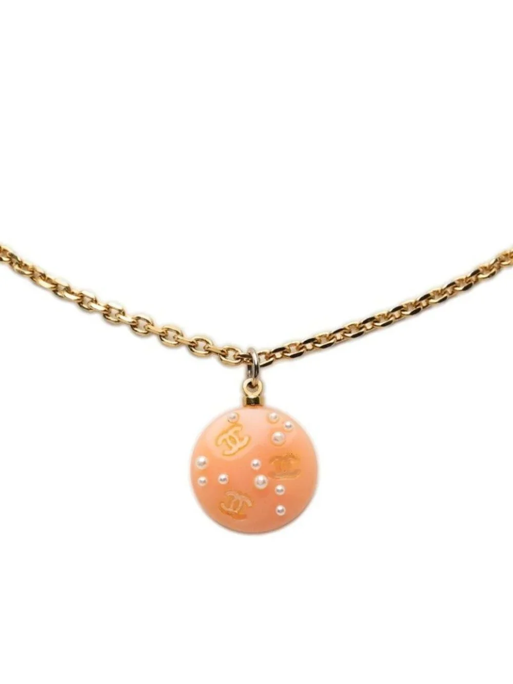 Chanel CC Logo Chain Necklace Orange Gold Plastic Faux Pearl Plated