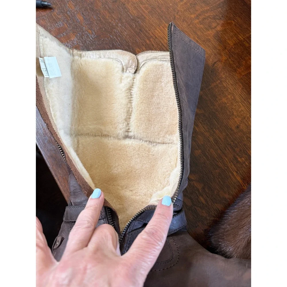 UGG Rosen Riding Boots Women 8 Brown Leather Tall Shearling Lined 1005450