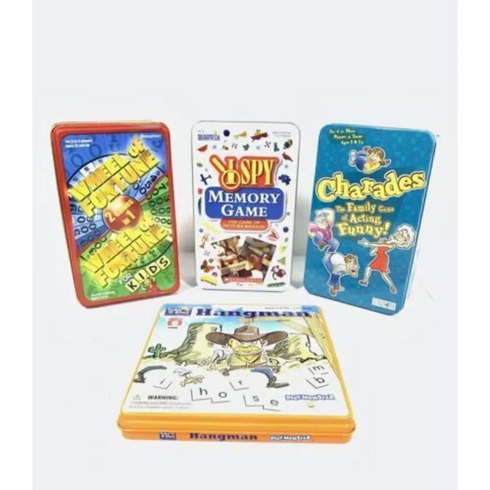 Collectible Tin Kids Travel Games I SPY Memory Charades Hangman Wheel of Fortune