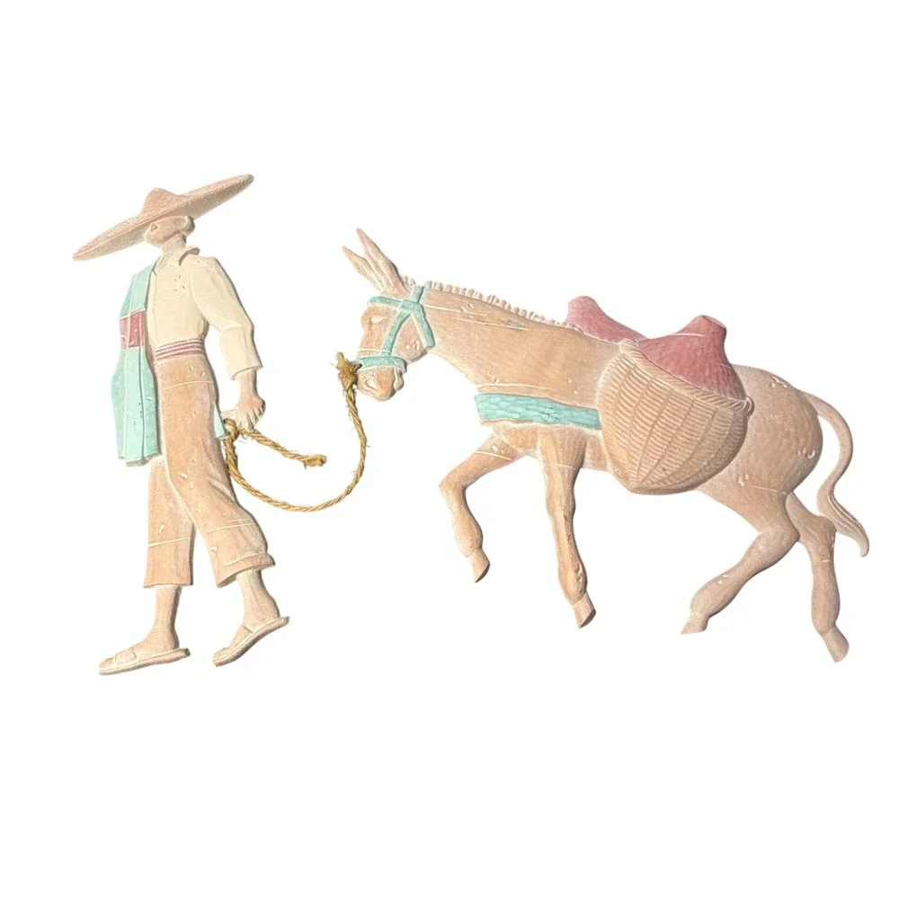 Vintage‎ Mexican Folk Art Wall Hanging Man Leading Donkey 2pc Set Rustic Decor
