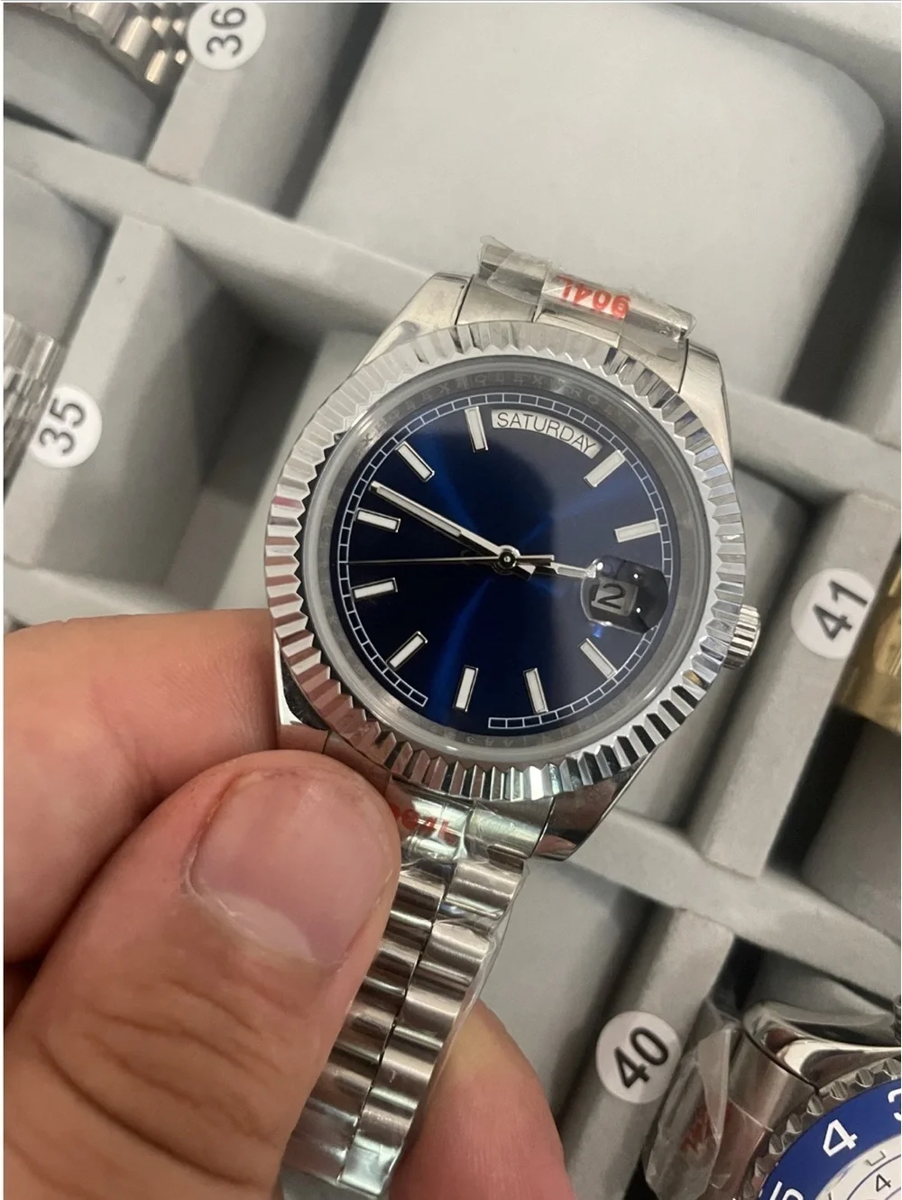Silver Stainless Steel Watch with Blue Sunburst Dial stock 388