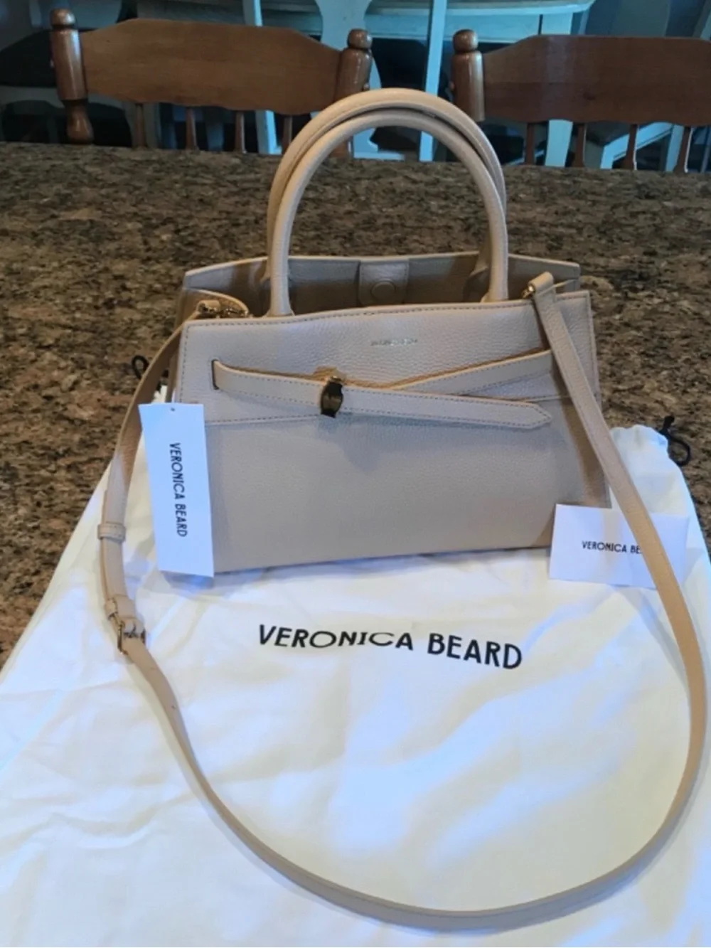 Veronica Beard Beige Pebbled Leather Satchel with Removable Strap