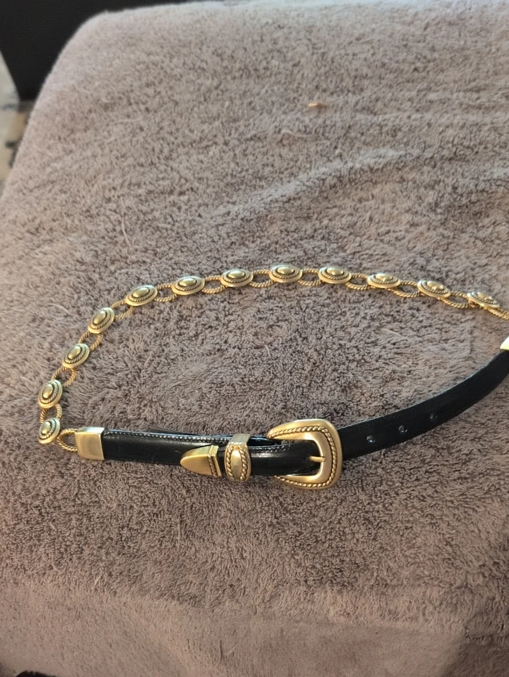 Vintage Brighton Black Leather Belt with Gold Chain-Link Accents