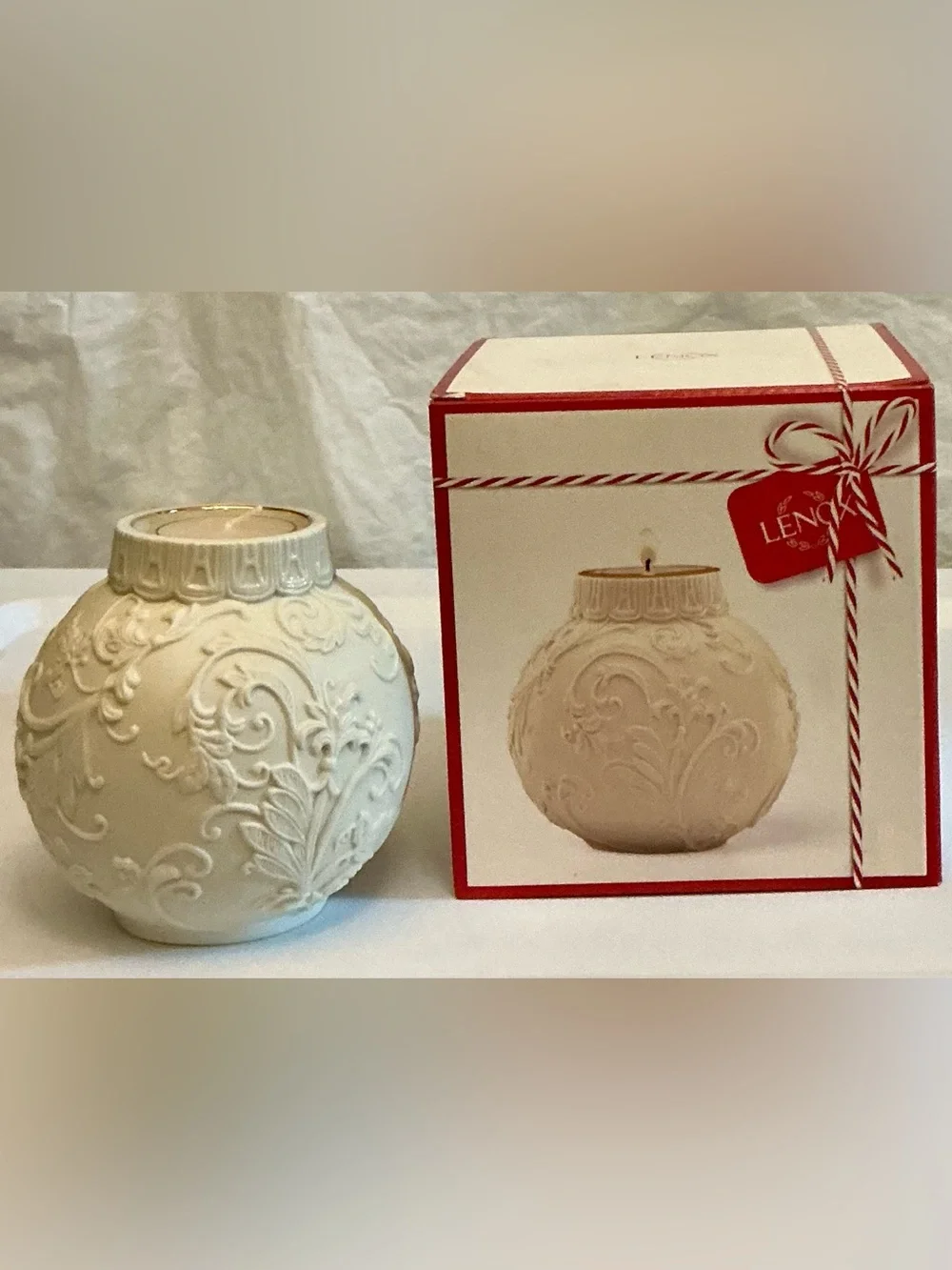 Lenox Ivory Holly Scrollwork Votive Candle Holder with Box Holiday New in Box