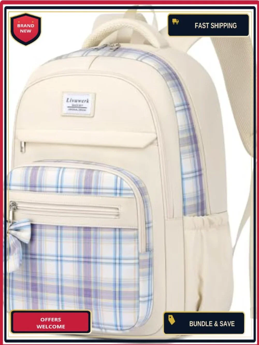 Vintage Plaid Laptop Backpack for Women Girls, 15.6 Inch, Water Resistant, Cute