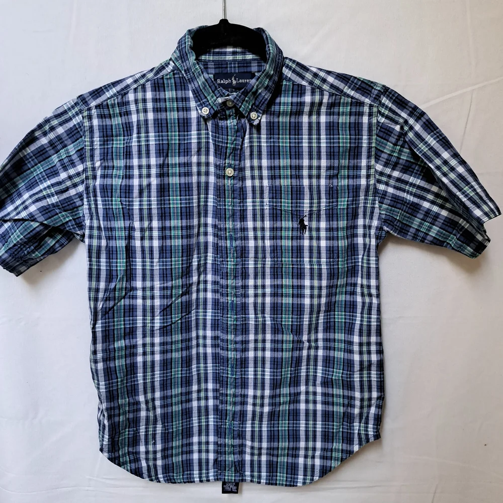 Ralph Lauren Boys Blue Green Plaid Short Sleeve Button Down Shirt Size 7‎ Cotton