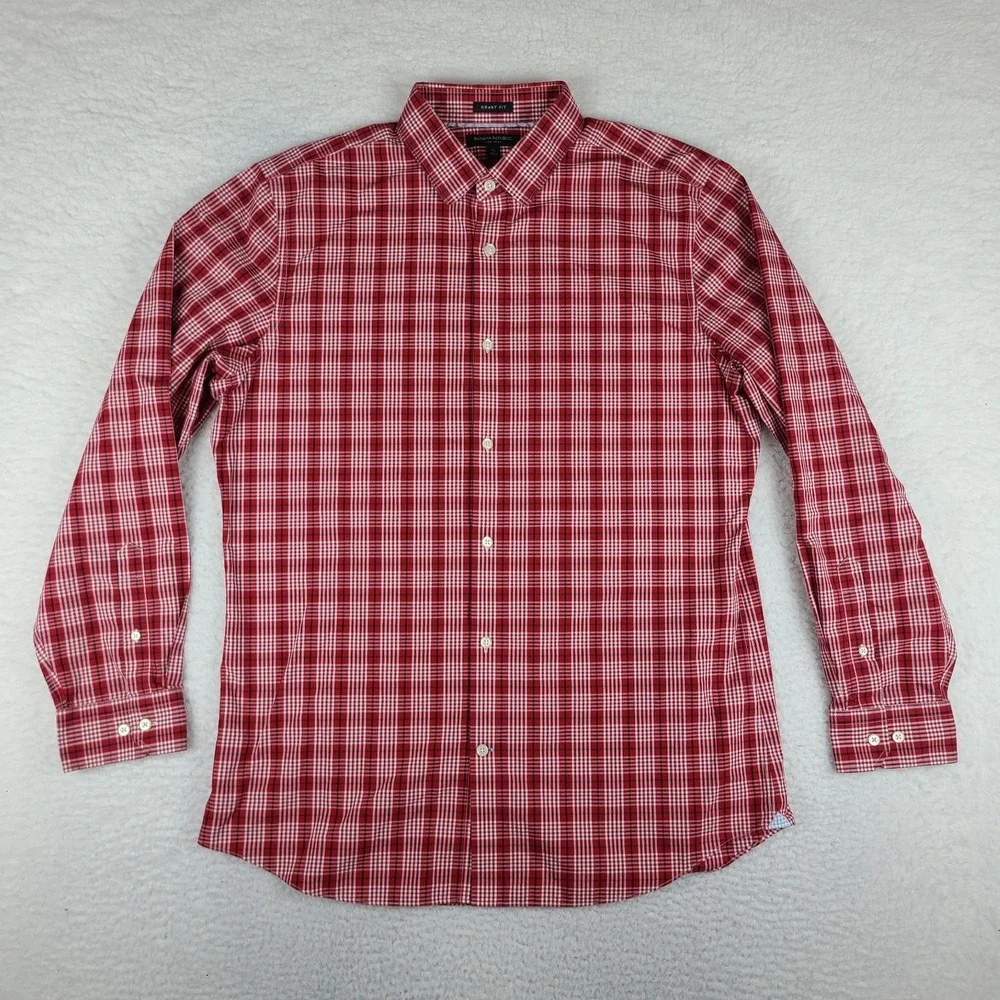 Banana Republic Dress Shirt Mens‎ XL Dark Red Plaid Non Iron Grant Fit Button Up