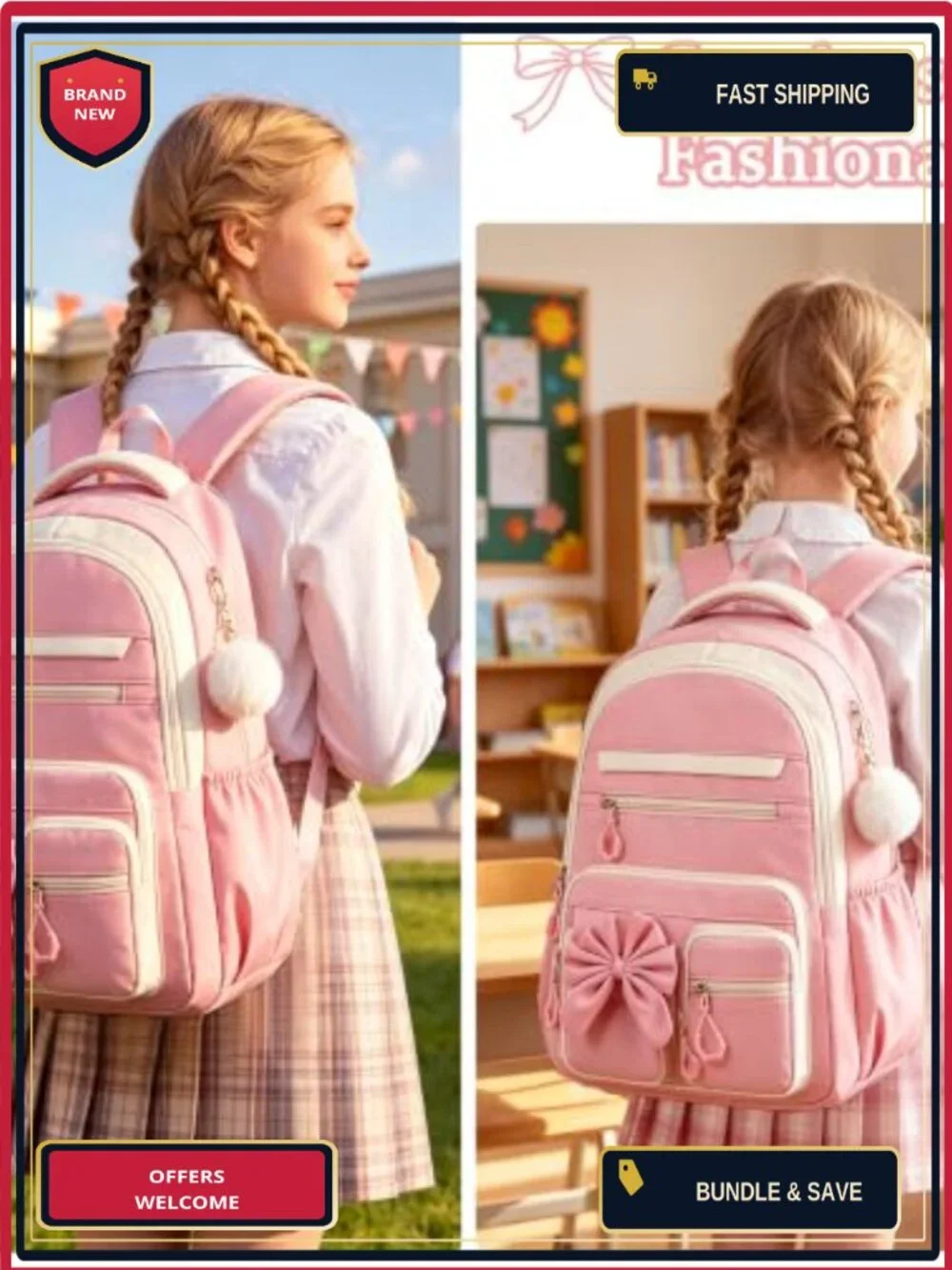 Girls Backpack Set with Lunch Box and Pencil Case, Waterproof Nylon, for School
