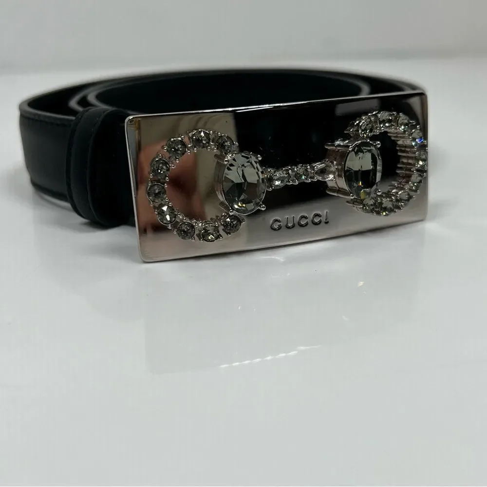 Gucci Black Leather Crystal Horsebit Plate Belt 95-38