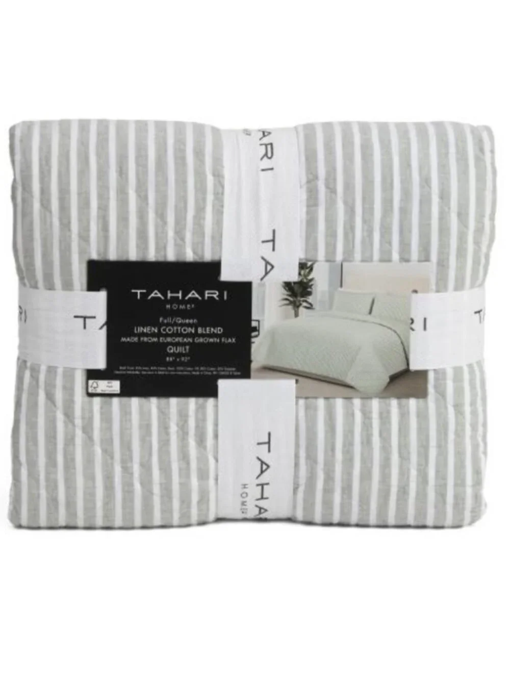 Tahari Home Striped Linen-Cotton Quilt in Sage and White