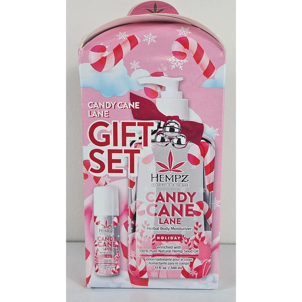 Hempz Candy Cane Lane Holiday Gift Set Herbal Body Moisturizer Lip Balm Duo