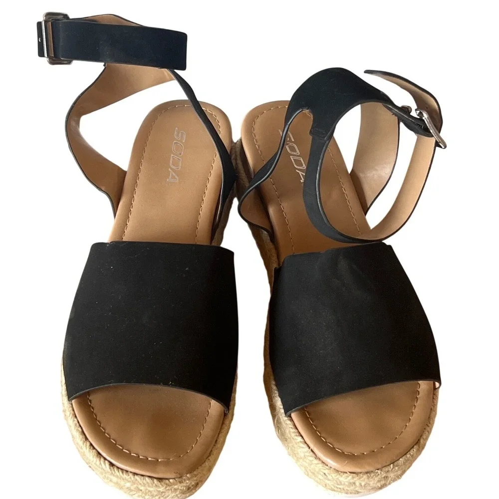 Soda Womens Black Faux Suede Espadrille Platform Wedge Ankle Strap Sandals 2in 8
