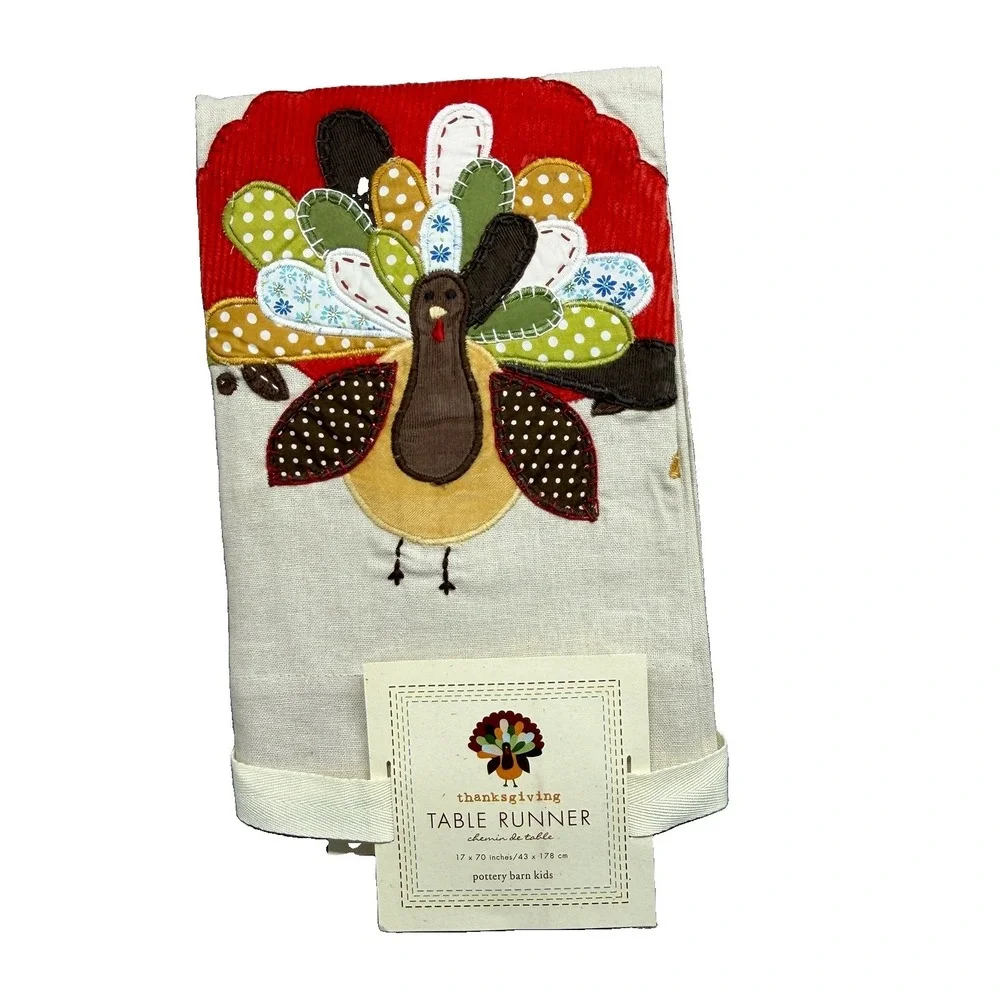 POTTERY BARN KIDS Turkey Quilted Table Runner 17x70 Linen Cotton Thanksgiving