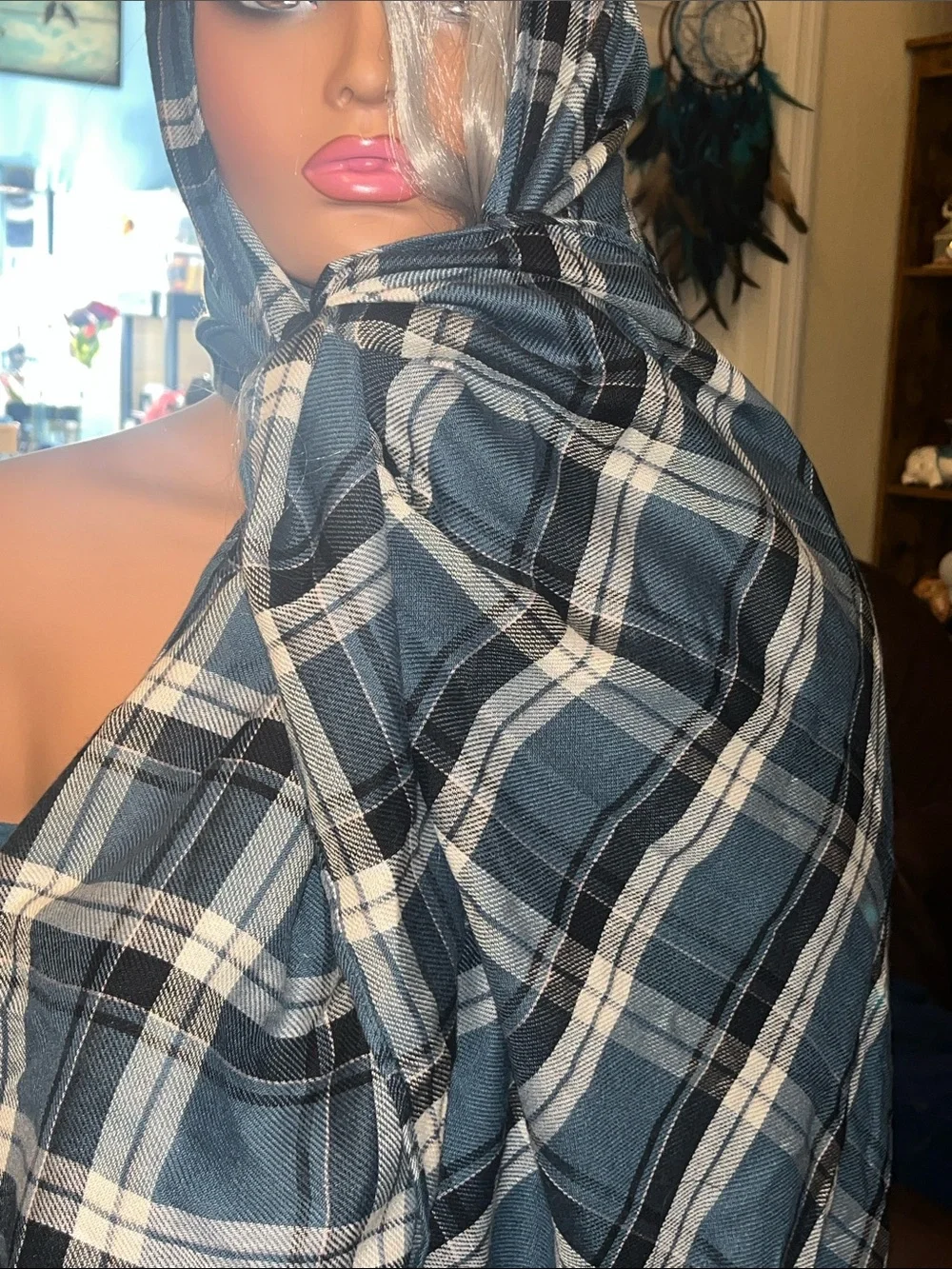 Unisex Tartan Plaid Teal, Black and White Lightweight Scarf S015