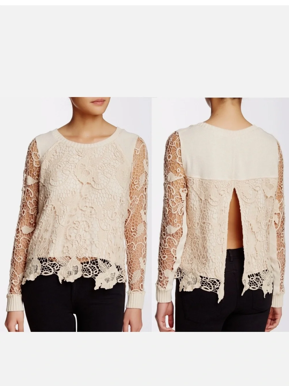 Free People Pretty Rad Champagne Crochet Open Back Lace Long-Sleeve Top - XS