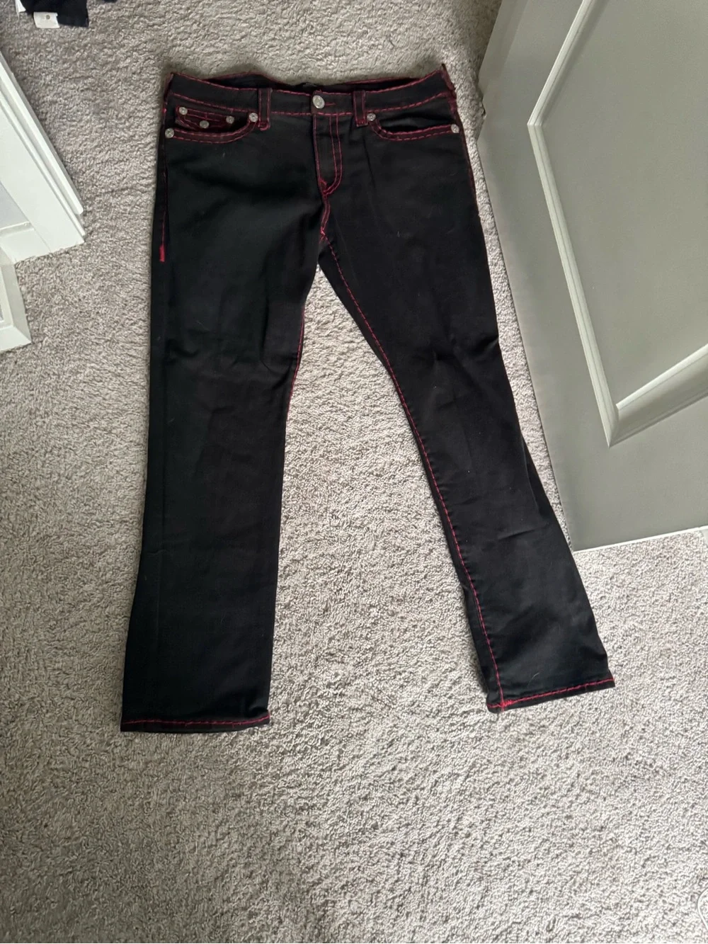 True Religion Men’s Black Straight-Leg Jeans with Red Stitching